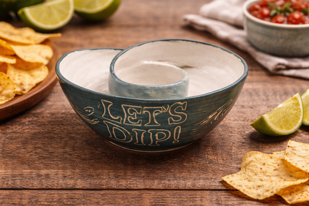 handmade swirly chip and dip bowl ceramic serving bowl with unique design.