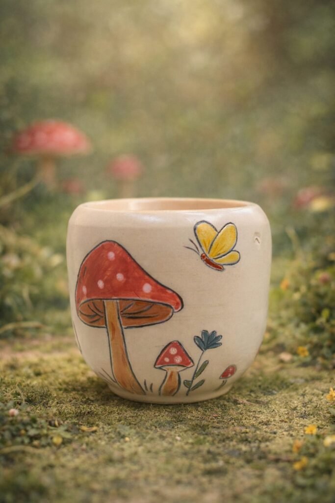 handmadde mushroom planter ceramic plant pot with whimsical design.