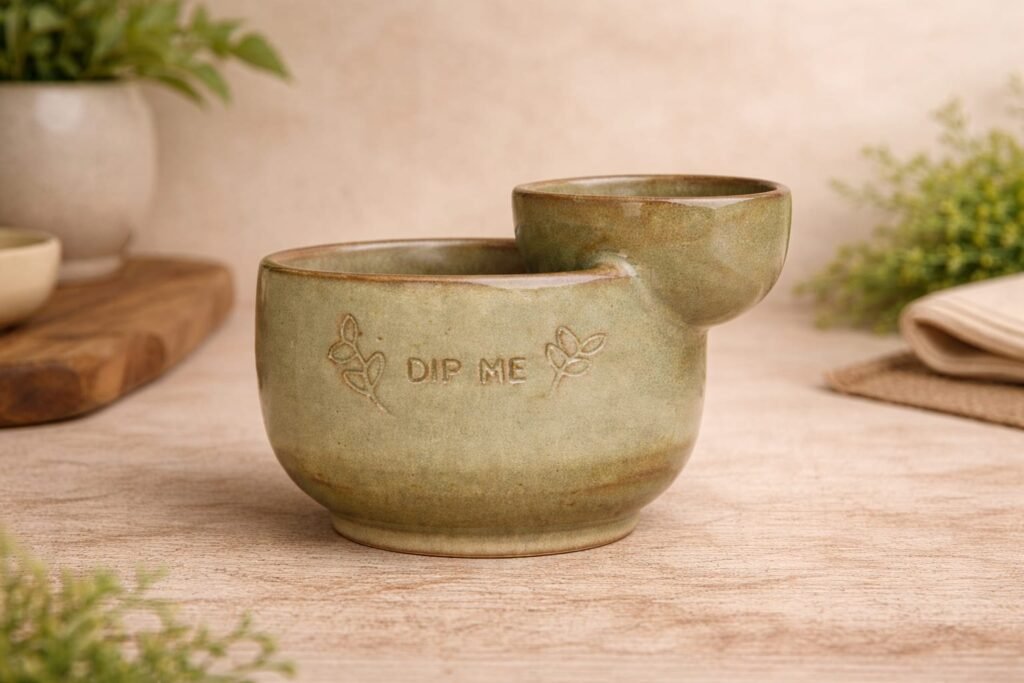 handmade large green chip and dip bowl ceramic seving dish for snacks and entertaining.
