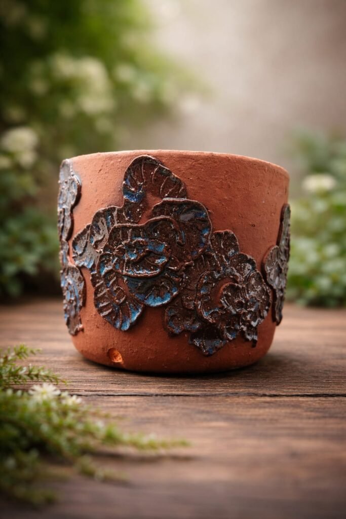 Handmade floral relief planter with deep blue flaze and textured botanical design.