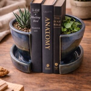 blue ceramic bookend planter set handmade shelf decor with plants