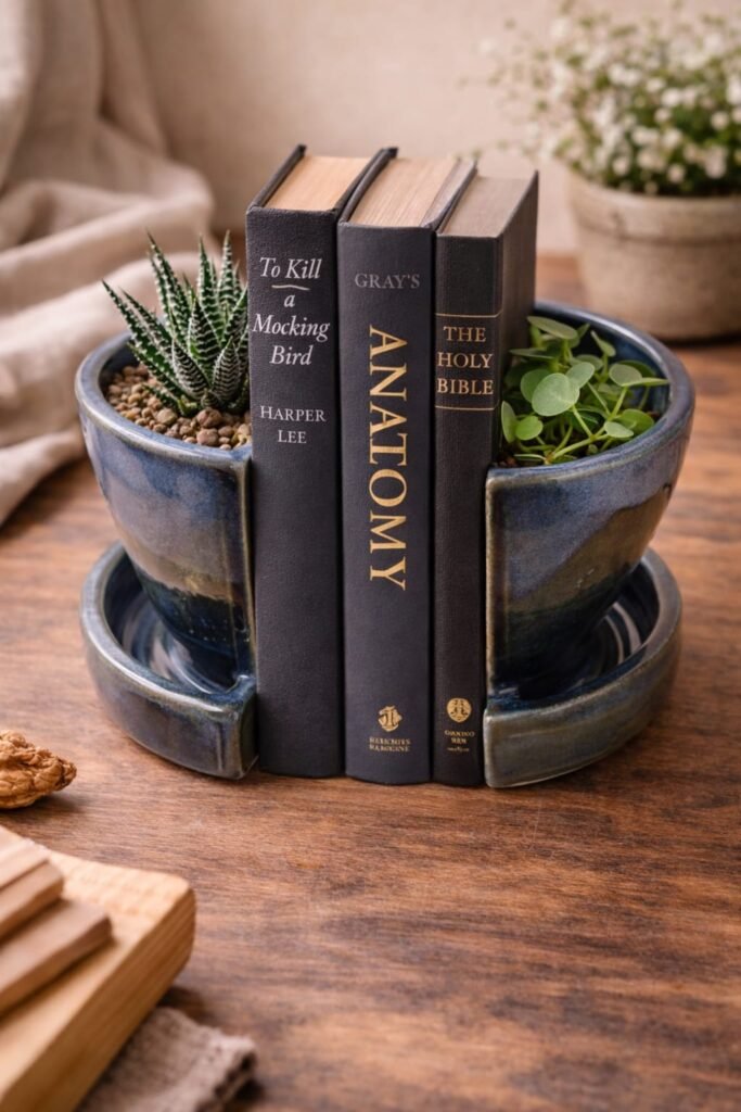blue ceramic bookend planter set handmade shelf decor with plants