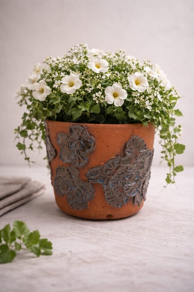 Handmade earthenware planter with raised floral design and deep blue glaze.