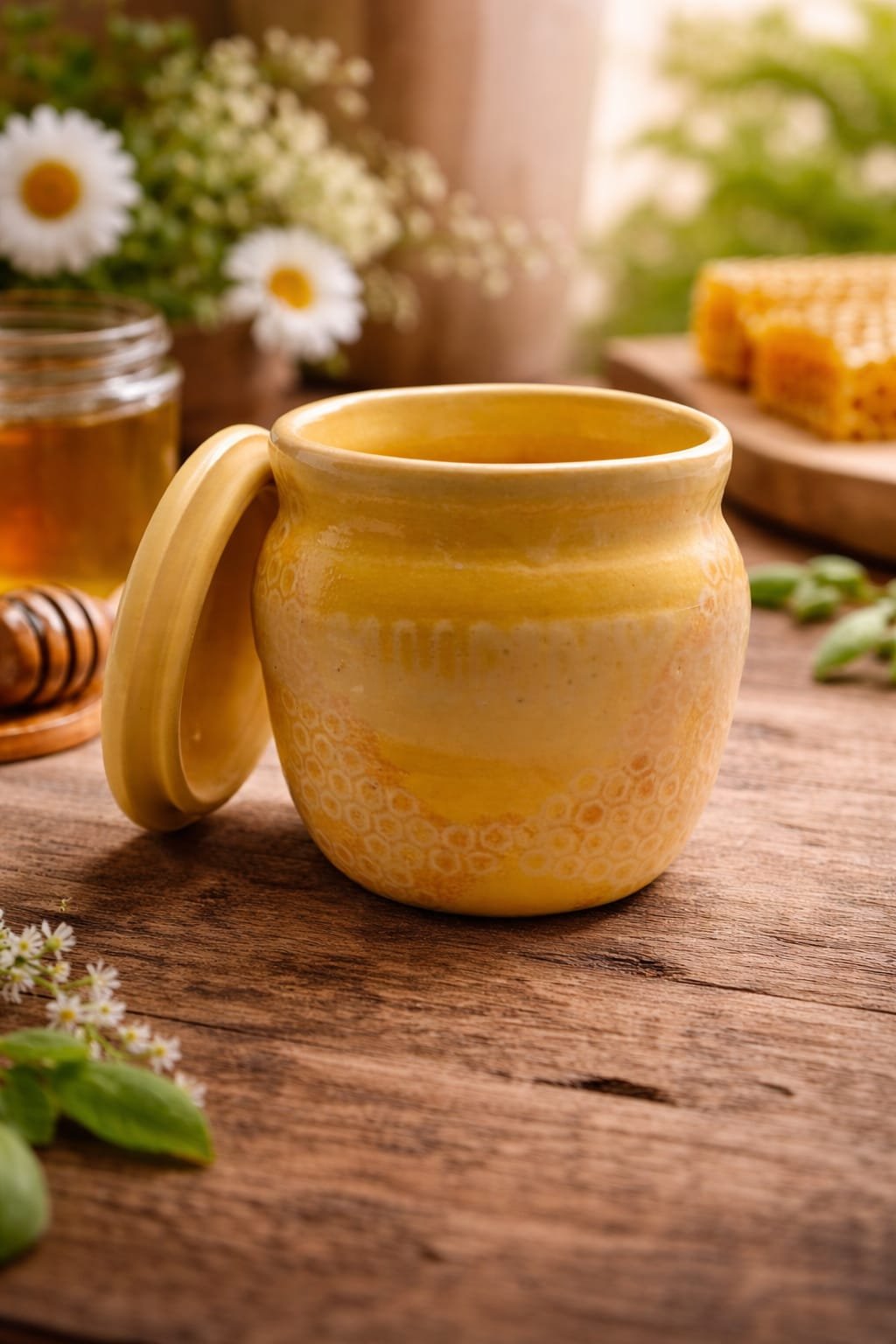 Handmade honey glaze pot with lid ceamic storage jar with wam golden finish.
