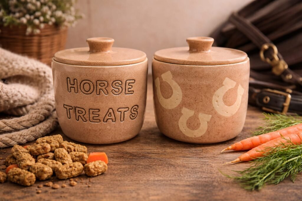 Handmade ceramic horse treats jar with lid for stable storage.