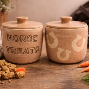 Handmade ceramic horse treats jar with lid for stable storage.