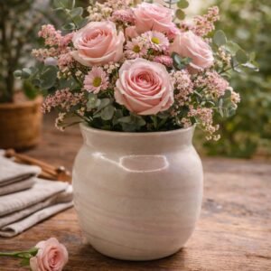 Handmade blush pink marble vase with soft swirl ceramic design.