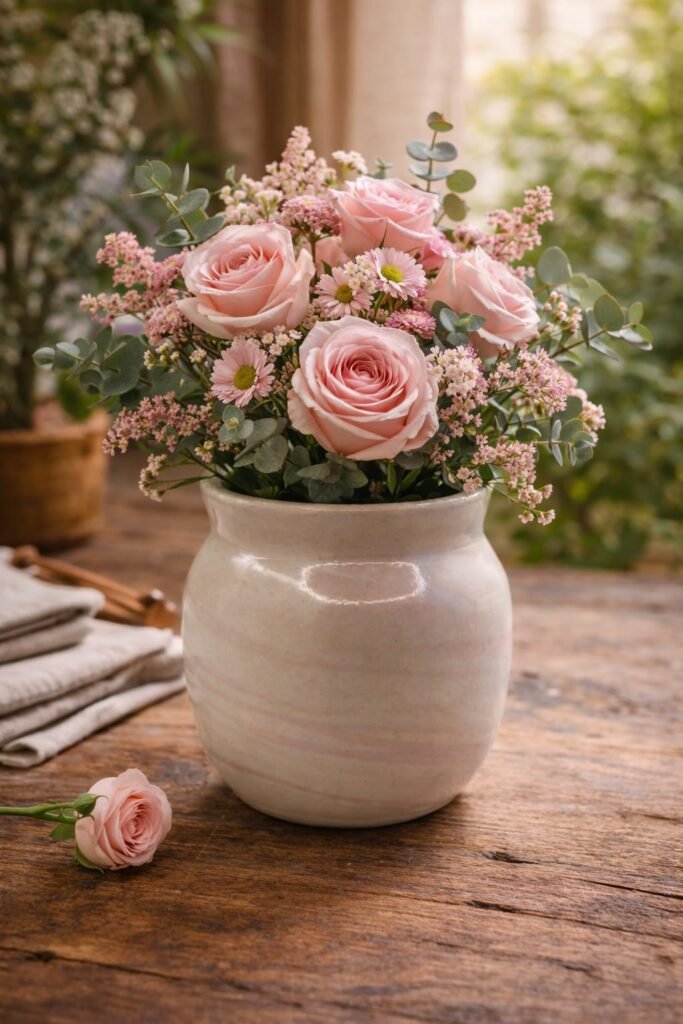 Handmade blush pink marble vase with soft swirl ceramic design.