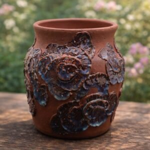 Handmade midnight garden vase with dark glaze and botanical design.