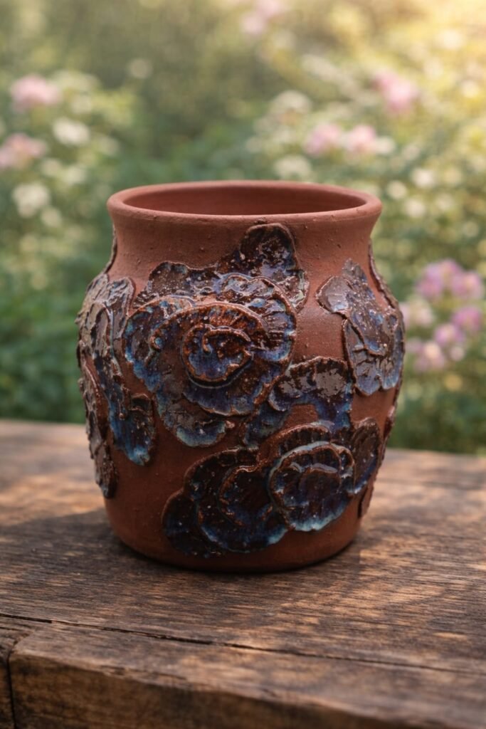 Handmade midnight garden vase with dark glaze and botanical design.