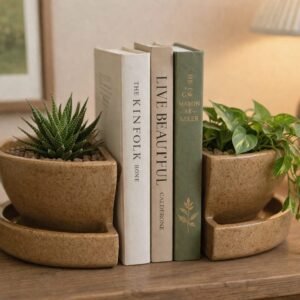 Ceramic bookend planter set handmade shelf decor with plants and books.
