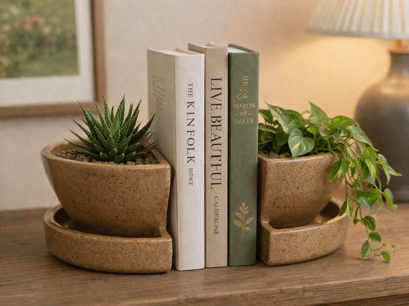 Ceramic bookend planter set handmade shelf decor with plants and books.