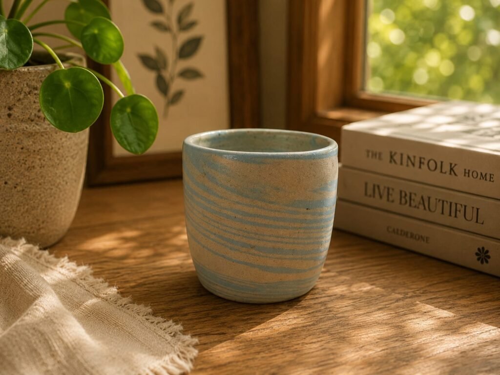 handmade ceramic mug with blue striped glaze 300ml coffee cup
