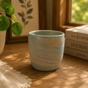 handmade ceramic mug with blue striped glaze 300ml coffee cup