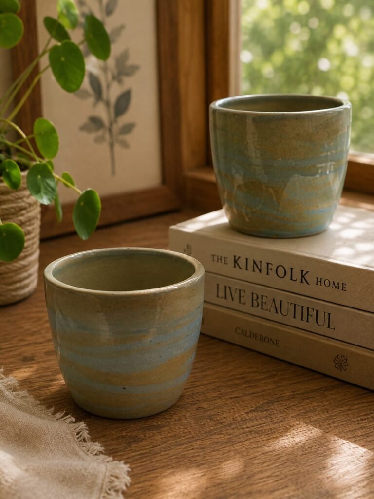 Milky Way ceramic mug set of two with blue and cream handmade glaze