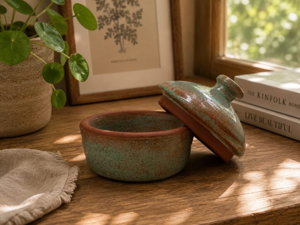 Meadow Moss green ceramic lidded jar with earthy green turquoise and rust glaze