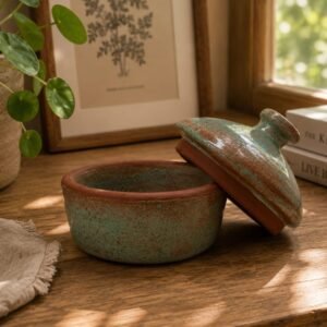 Meadow Moss green ceramic lidded jar with earthy green turquoise and rust glaze