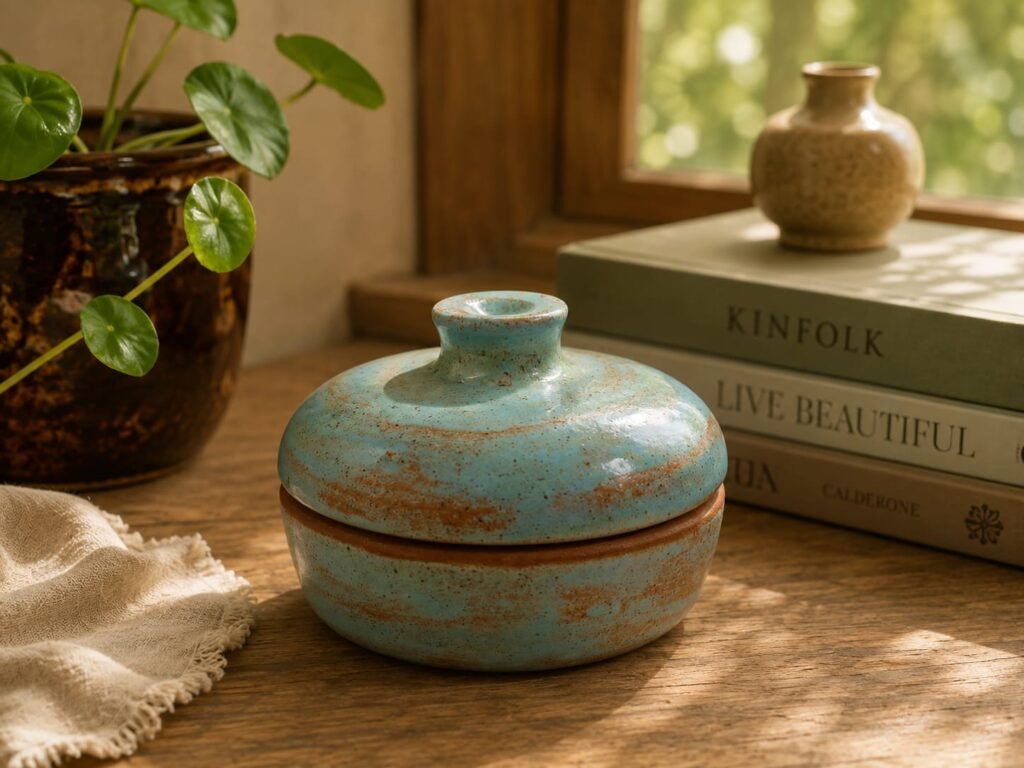 River Mist blue ceramic lidded jar with turquoise and earthy rust glaze
