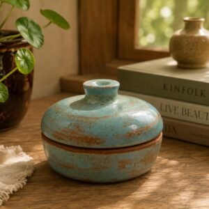 River Mist blue ceramic lidded jar with turquoise and earthy rust glaze