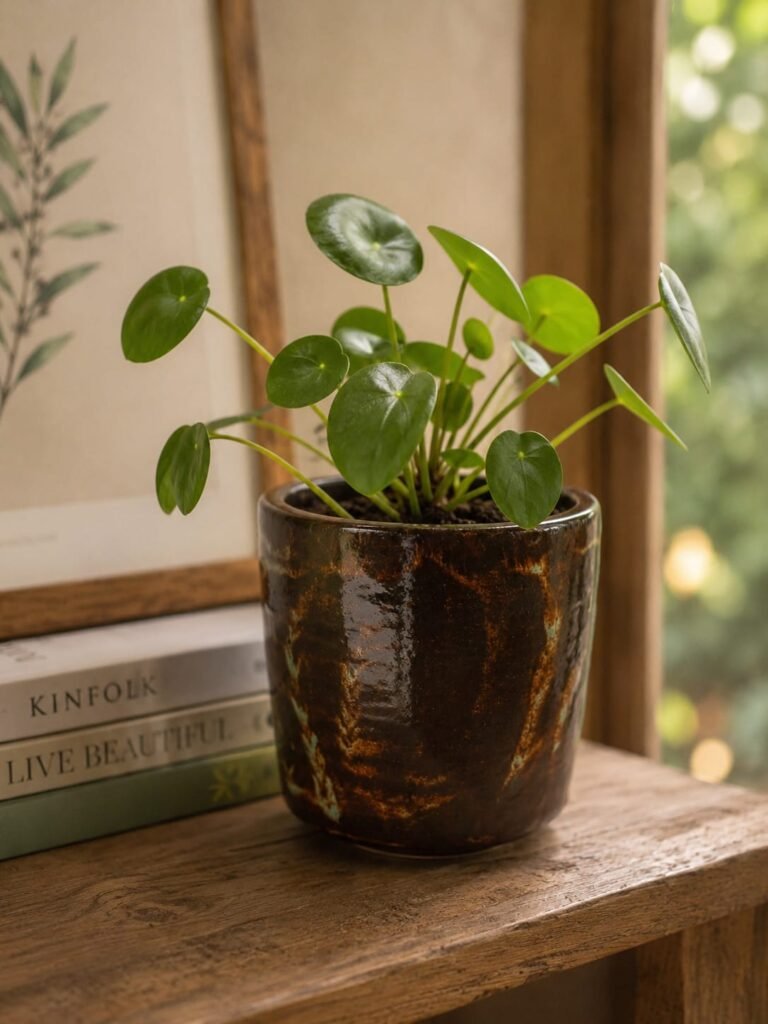 Woodland Ember medium ceramic plant pot with a Pilea plant and rich brown and copper glaze