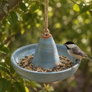 Sky Garden hanging ceramic bird feeder with blue glaze and bird seed