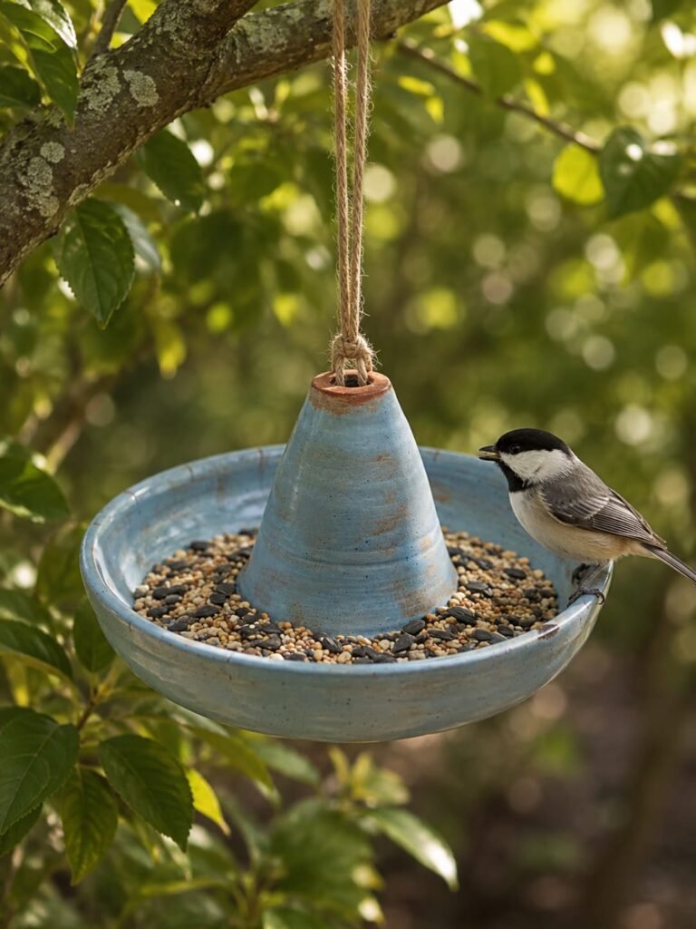 Sky Garden hanging ceramic bird feeder with blue glaze and bird seed
