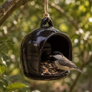 Woodland Haven handmade ceramic bird feeder hanging in a garden