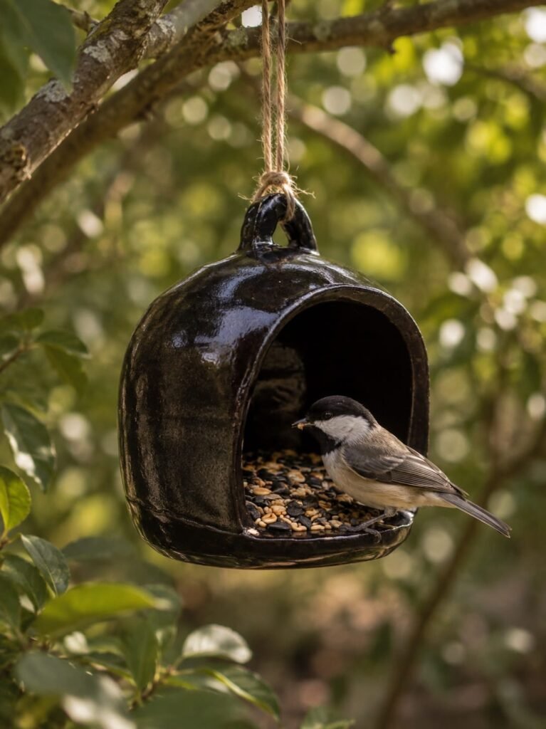 Woodland Haven handmade ceramic bird feeder hanging in a garden