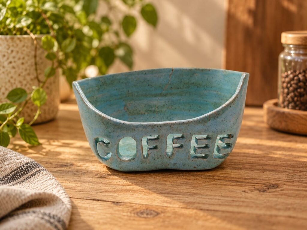 Ceramic coffee sachet holder in blue speckled glaze