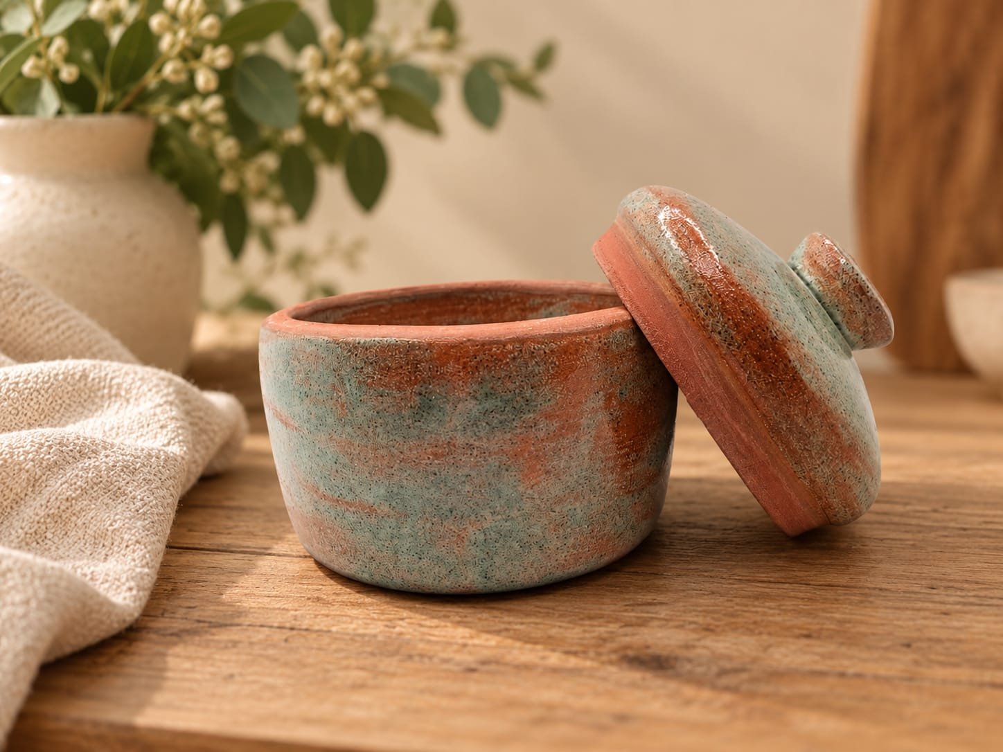 Handmade ceramic lidded jar in sage green and terracotta
