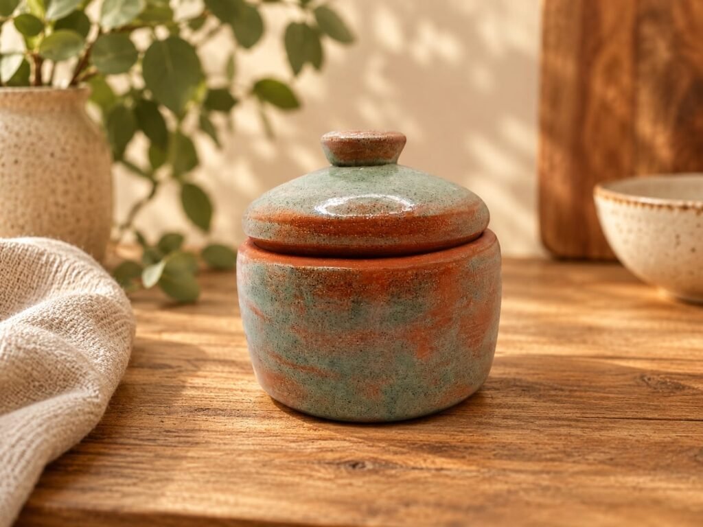 Handmade ceramic lidded jar in sage green and terracotta