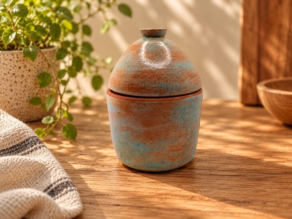 Handmade ceramic storage jar in blue and terracotta glaze