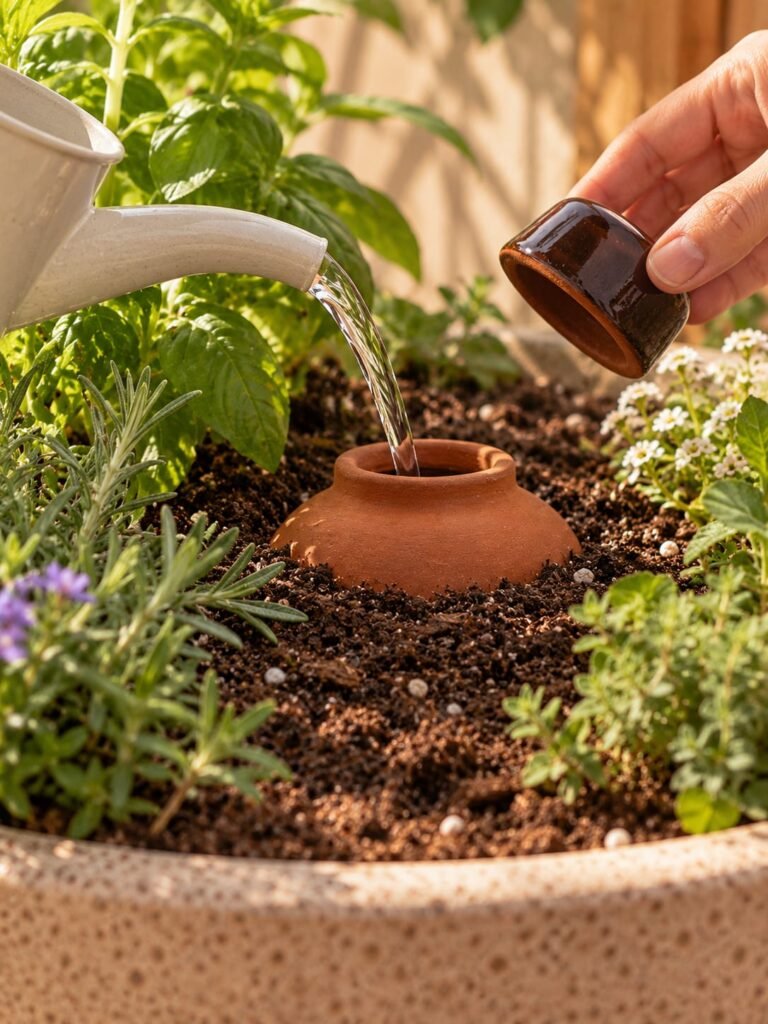 Handmade ceramic olla watering pot in terracotta