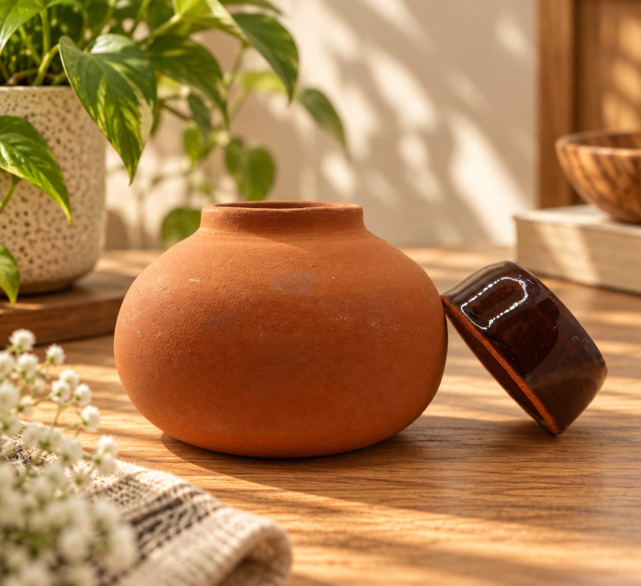 Handmade ceramic olla watering pot in terracotta