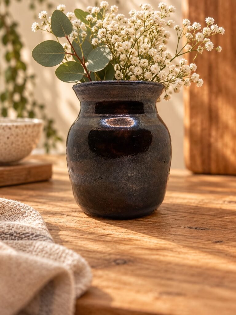 Handmade ceramic vase in earthy brown and black glaze