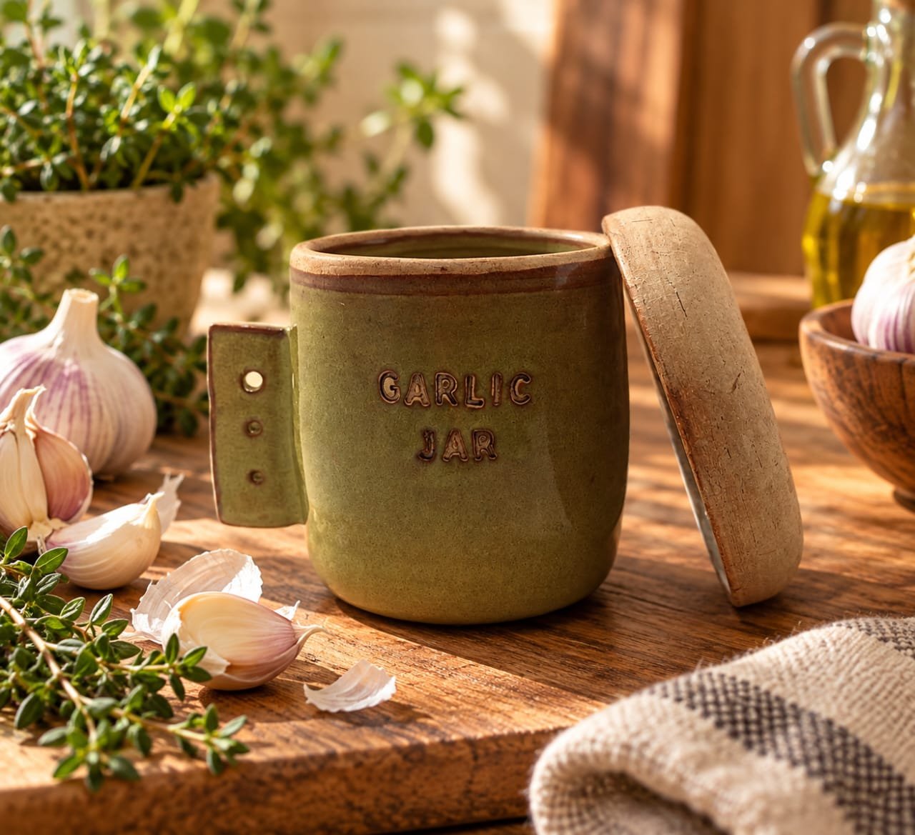 Handmade ceramic garlic grater and green garlic storage jar
