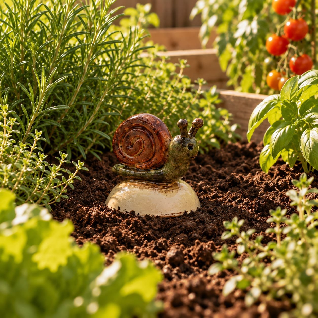 Handmade garden olla with ceramic snail for gradual plant watering