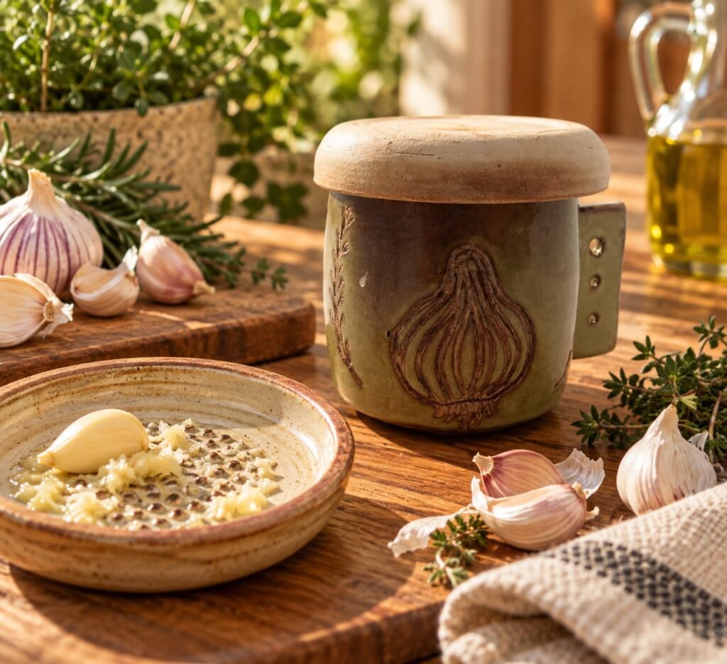Handmade ceramic garlic grater and green garlic storage jar