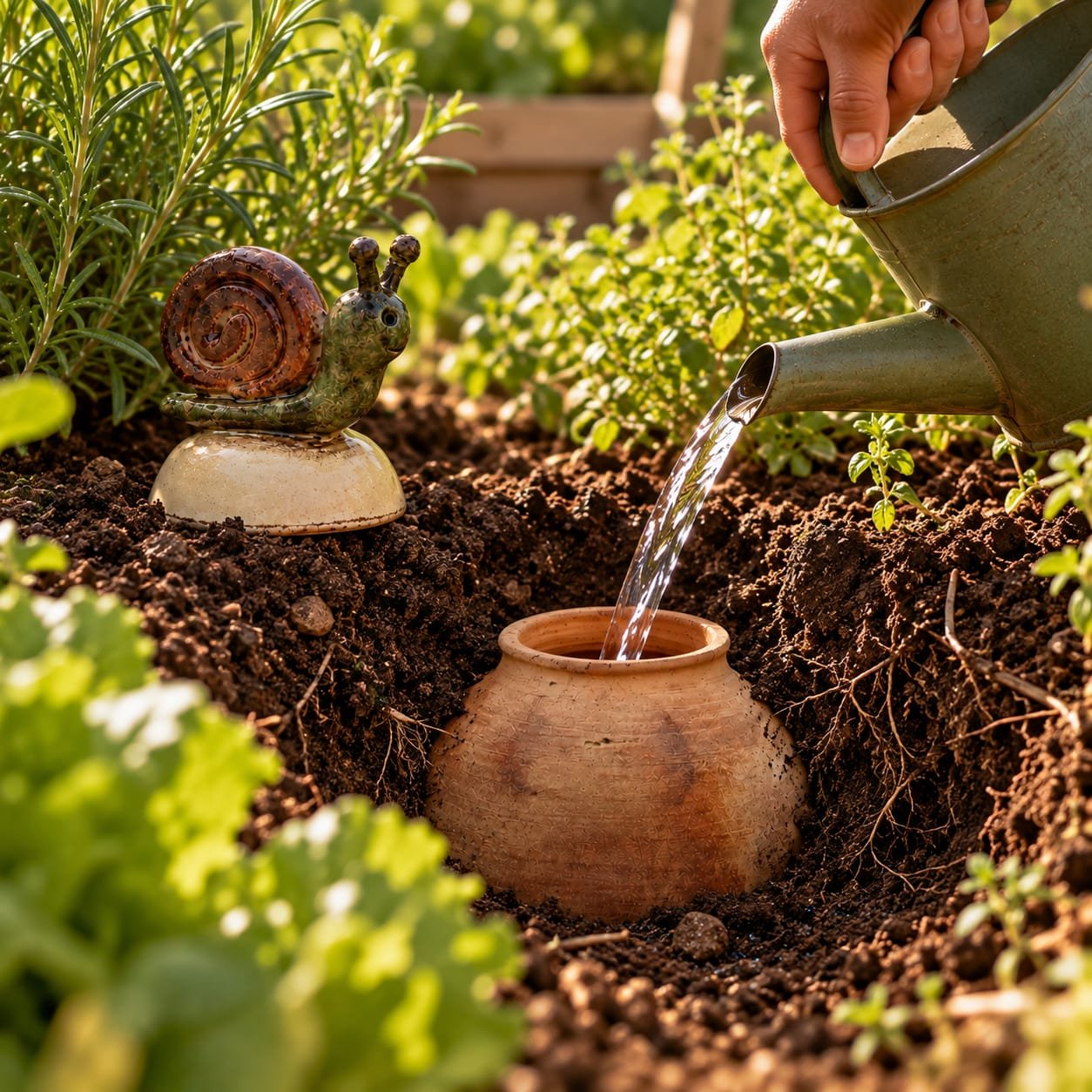 Handmade garden olla with ceramic snail for gradual plant watering
