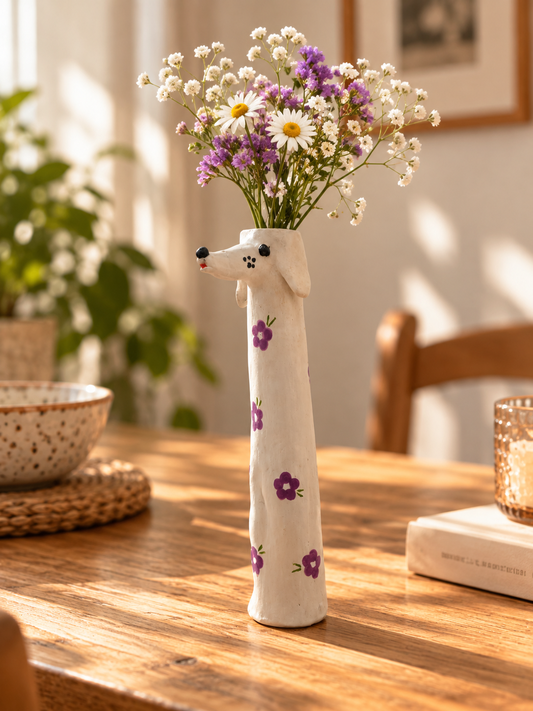 Handmade ceramic flower vase with dog design and purple flowers