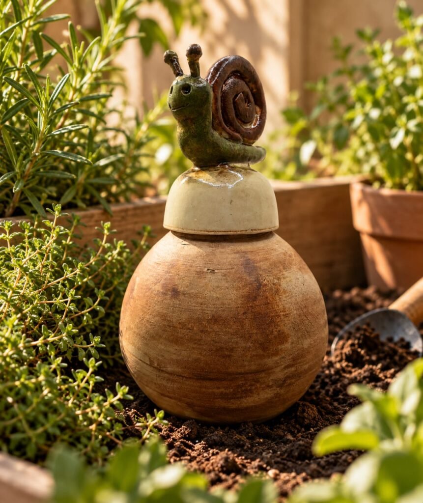 Handmade garden olla with ceramic snail for gradual plant watering