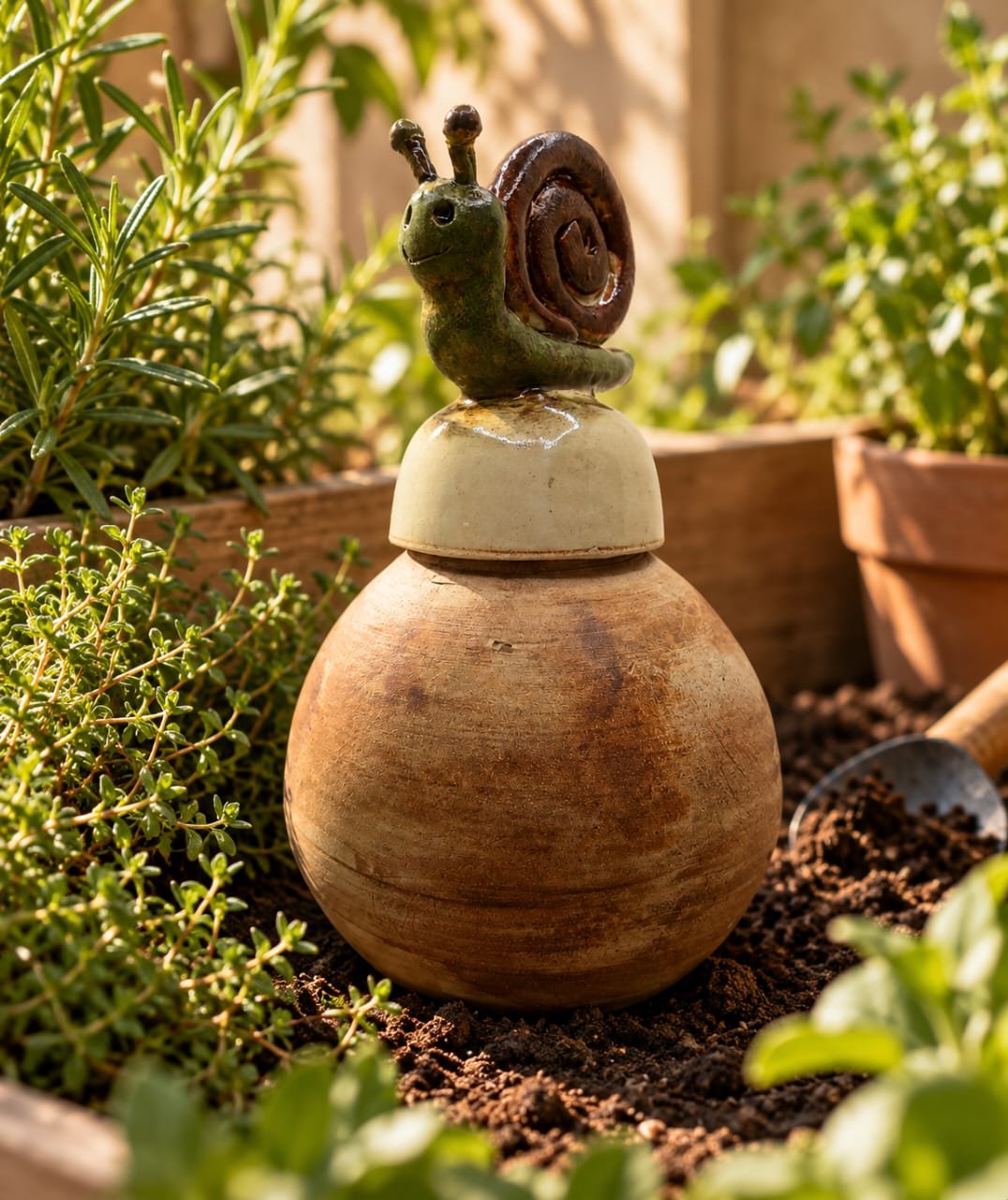 Handmade garden olla with ceramic snail for gradual plant watering