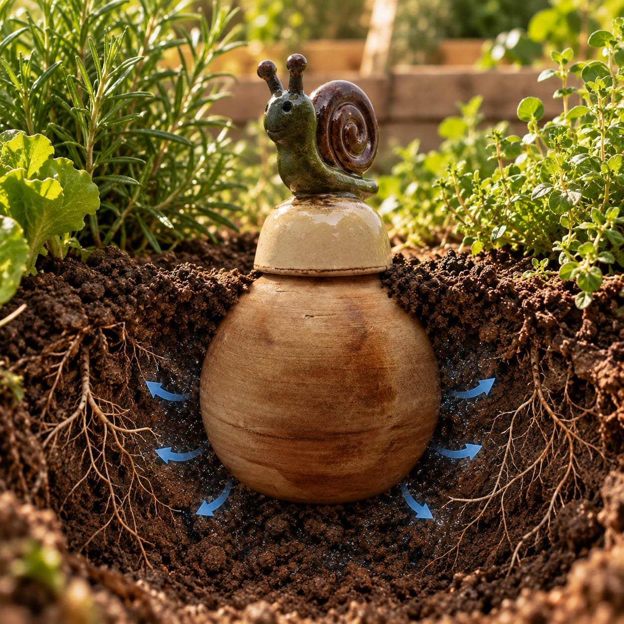 Handmade garden olla with ceramic snail for gradual plant watering